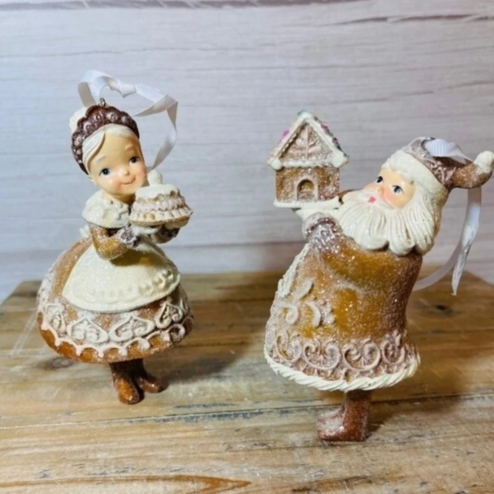 Neutral Tan Glittery Gingerbread Santa and Mrs Claus Baker Christmas Ornaments